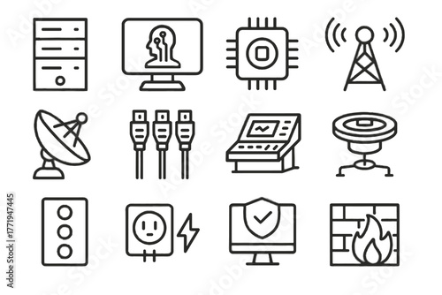 Data dish module antenna hub core screen ai vector communication cables icon