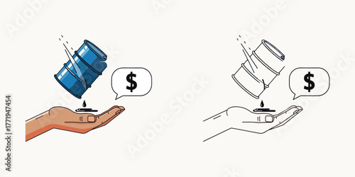 Blue oil barrel pouring black liquid onto open hand with dollar sign speech bubble black oil