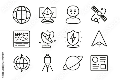 Icon assistant orbiting planetary arrow ai display virtual space axis terrain vector