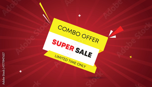 combo offer super sale limited time only web banner vector art template design badge icon label yellow shapes black bold text dark red light sun shine abstract business background