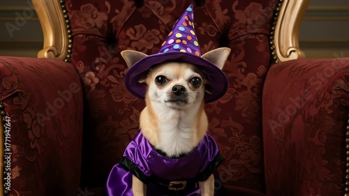 Puppy dog dressed in purple wizard costume with hat sits on luxurious armchair. Cute animal concept for Halloween celebration. Footage.