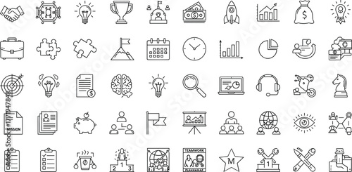 Business success and teamwork line icons set, including strategy, finance, planning, innovation, leadership, marketing, and growth concepts for vector design.