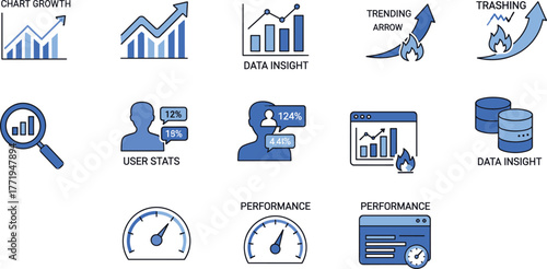 Data analytics and performance icons set for growth charts, insights, user stats, trending metrics, and business intelligence design
