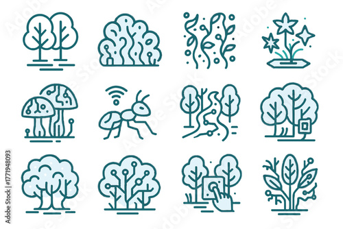 Bushes icons flora icon digital canopy vector forest elements vines futuristic mushrooms
