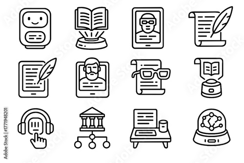 Storytelling tablet reality device vector interactive writing tale ai scroll futuristic icons