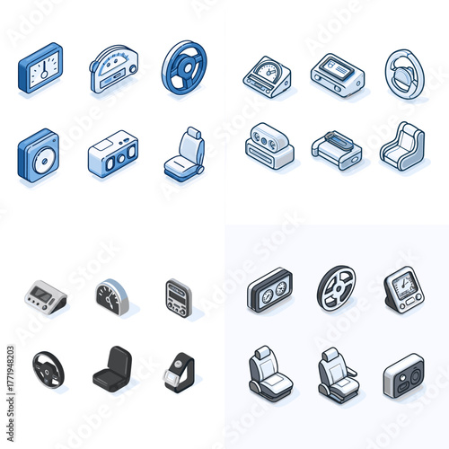 Isometric vector icons of car interior parts like seats, steering wheels, dashboards, and cassette players. Great for automotive, engineering, and mechanic design projects.