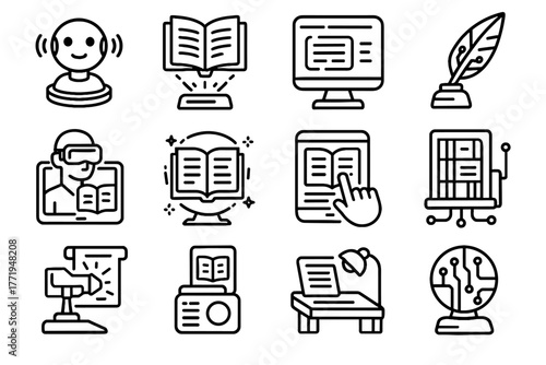 Digital storytelling intelligent icons futuristic hub writing tale library icon vector scroll