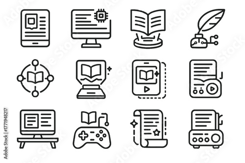 Augmented vector digital icon audiobook player virtual storytelling connected smart icons tablet