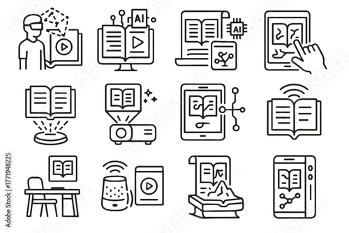 Device storytelling icons learning scroll intelligent connected vector icon book futuristic story