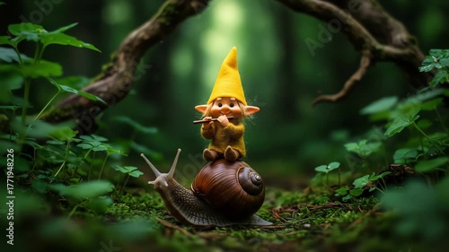 Small smiling gnome with playful mood riding on a large snail while playing a flute against a magical, mossy forest floor, capturing a whimsical fairy tale and fantasy adventure concept