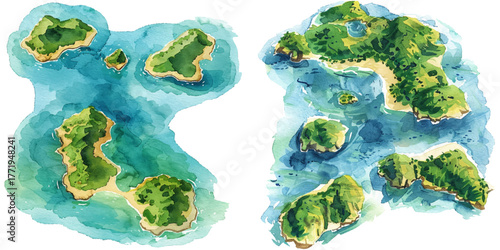 top view of island watercolor vector illustration