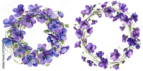 violet flowers wreath watercolor vector illustration