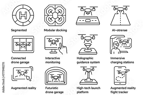 Futuristic guidance vector icons smart docking storage modules drone droneport pad flight