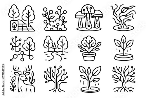 Neon forest augmented branches shrubs digital icons foliage connected icon vector wildlife