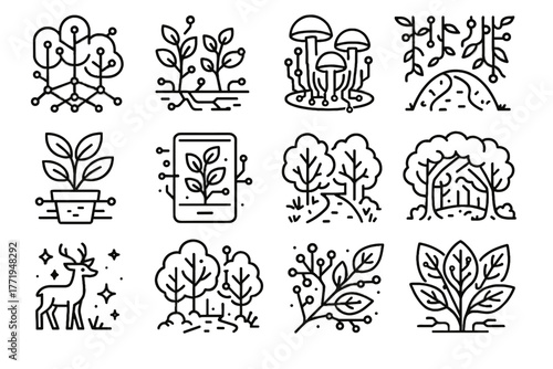 Shrubs holographic futuristic mushrooms branches foliage interactive icons forest vector icon augmented