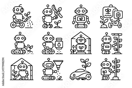 Interactive bot garden robot icon autonomous vector robotic lawn planter analyzer gardner