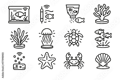 Vector smart icons glowing school feeder jellyfish aquarium starfish water icon connected