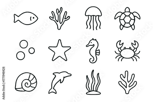 Minimal fish icon coral simple seahorse marine vector icons abstract luminous thin