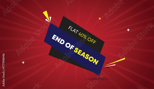 End season flat 40 percent off web banner vector art template design badge icon label deep blue black gray shapes yellow white bold text dark red light sun shine abstract business background