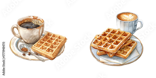 waffle and coffee watercolor vector illustration