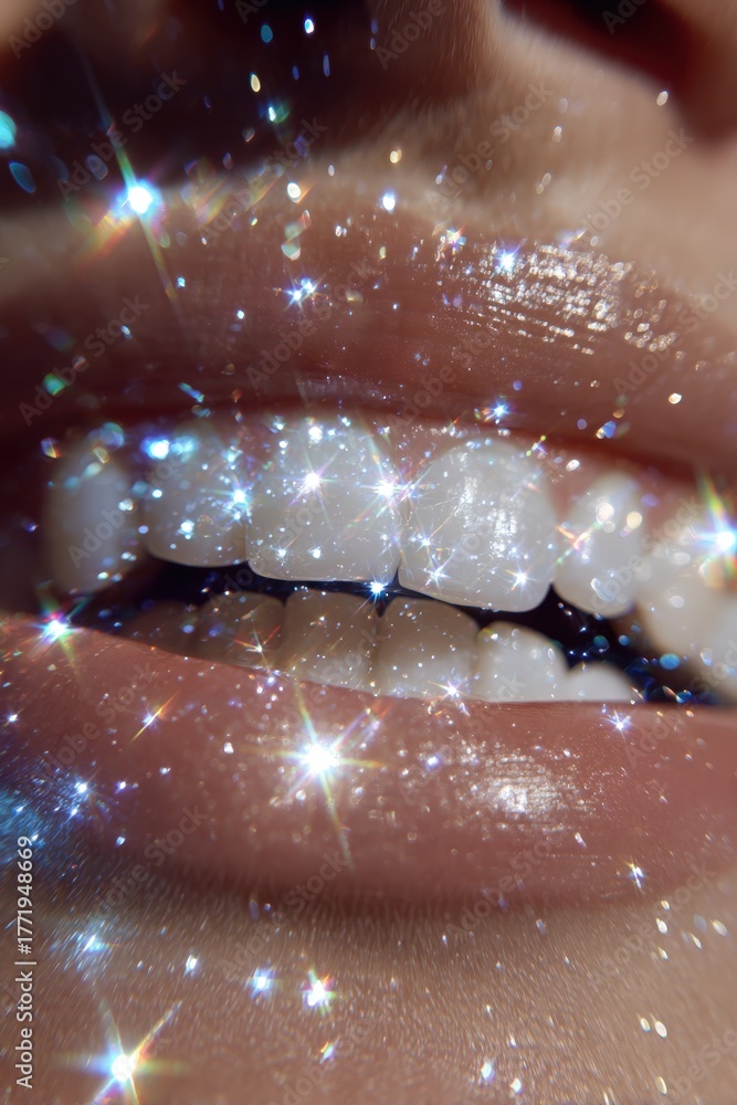 Obraz premium Artistic Macro Image of a Smile with Sparkling Bokeh and Perfect Teeth