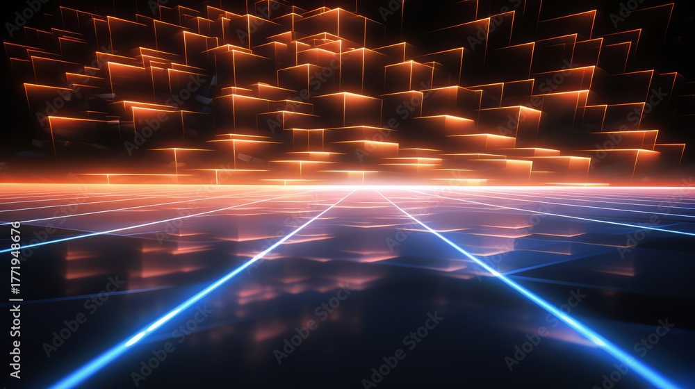 Fototapeta premium Futuristic cityscape with a blue sky and orange and blue lights. The city is filled with tall buildings and bright lights, creating a vibrant and energetic atmosphere