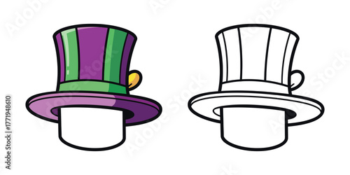 Two Top Hats One Colored Purple Green Black Outline One Black Outline White headwear
