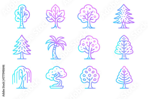 Trees willow icon radiant digital vector holographic palm tree neon pine luminous