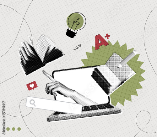 Trendy Halftone Collage Online education concept. Computer laptop with hand, floating books and lightbulb. Smart thinking and brainstorming. News course, webinar. Contemporary vector art illustration
