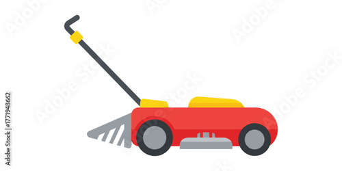 Red lawnmower with yellow accents and grey handle on white background vector