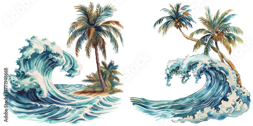 wave and palm tree watercolor vector illustration