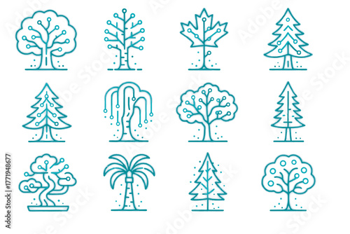 Vector holographic trees pine oak tree cherry lighted luminous radiant icon virtual