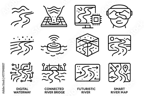 Path stream holographic digital icon vector riverbank immersive water river bridge