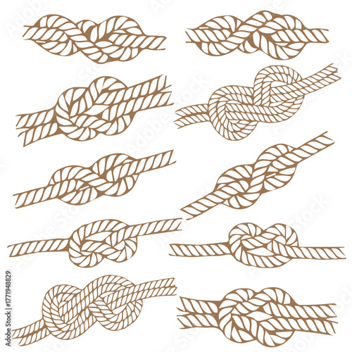 Rope for mountaineering, sea rope, knots and loops. Vector drawing of different rope elements. On a transparent background.