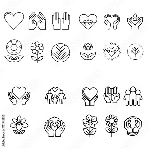Collection of charity and love line icons showing hearts, flowers, and caring hands. Ideal for non-profit, social service, community, and volunteer organization designs.