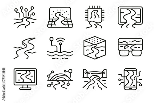 Vector smart map riverbank path icon cube digital river bridge