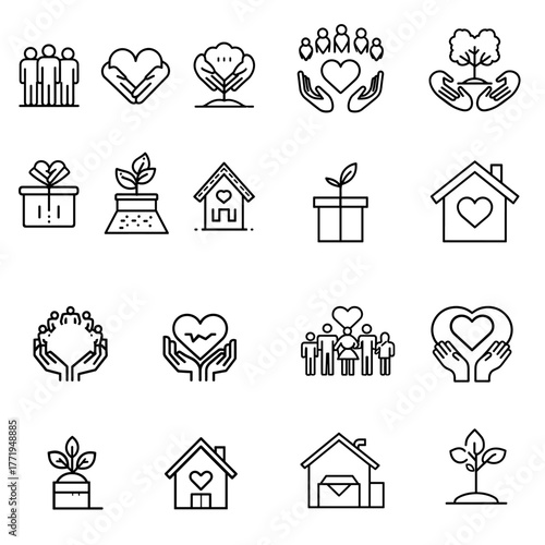 Minimal charity and community icon set with heart, home, family, and donation symbols for social, volunteering, or foundation concepts.