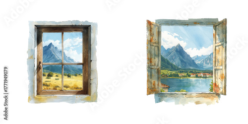 window with mountain view watercolor vector illustration