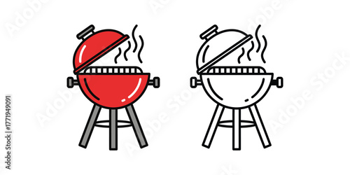 Red and black line art barbecue grill with smoke cooking food