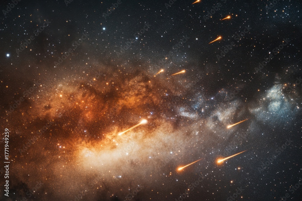 Fototapeta premium Dazzling meteor shower lighting up the night sky filled with stars and cosmic dust