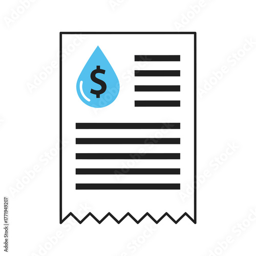 Blue water drop with dollar sign on a receipt icon with black lines water bill invoice