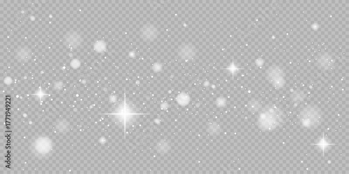 Bright Sparkle Light and Snow Dust on Transparent Background — Realistic Glowing Bokeh Overlay with Shining Stars for Winter and Christmas Design