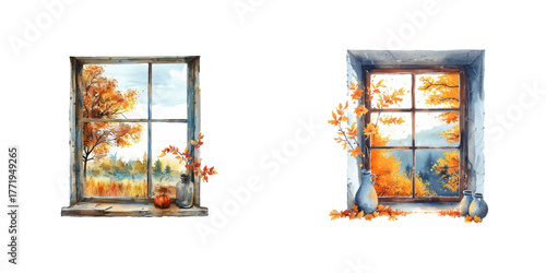 window with autumn view watercolor vector illustration