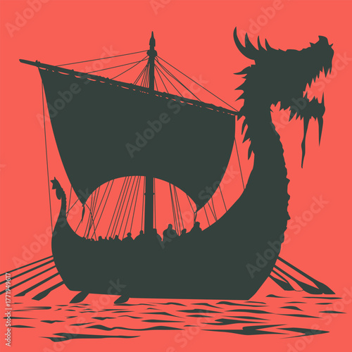 Viking sailboat at sea. Vector illustration on a red crimson background. EPS 10. For prints in a symbolic Old Norse style.