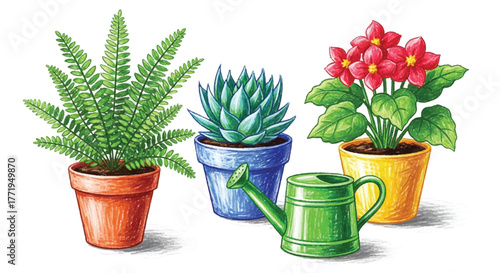 Potted Houseplants and Watering Can Colored Pencil Illustration