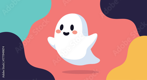 Cute cartoon ghost floating happily against a colorful abstract background.