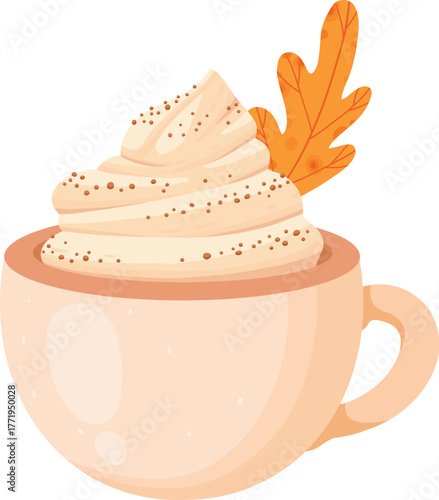Pumpkin spice seasonal flavored product, drink mug, cup isolated on white background. Autumn delicious sweet desserts or pastry. Modern colorful vector illustration