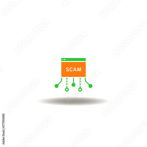 Vector illustration of web page with circuit and SCAM word. Symbol of scam. Icon of web fraud, cyber secure and privacy.