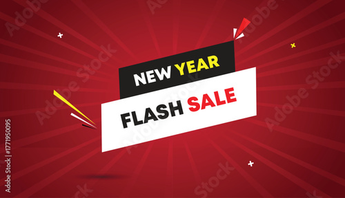 new year flash sale web banner vector art template design badge icon label white black gray shapes bold text dark red light sun shine abstract business background creative festive