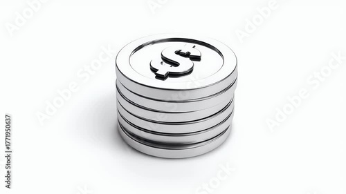Stacked Metallic Dollar Coins on White Background.